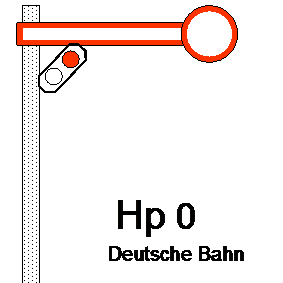 Einflügliges Formsignal in Hp 0 Stellung. (Zughalt)